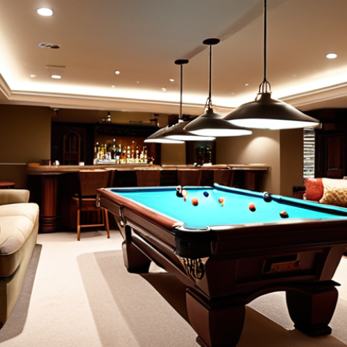 Home 25 **A well-lit billiard room with soft, diffused lighting, illuminating a pool table. Focus on the table's surface and cues, highlighting the precision required for accurate shots. In the background, suggest a comfortable lounge area with soft sofas and a bar. Aim for a cozy and inviting atmosphere.**