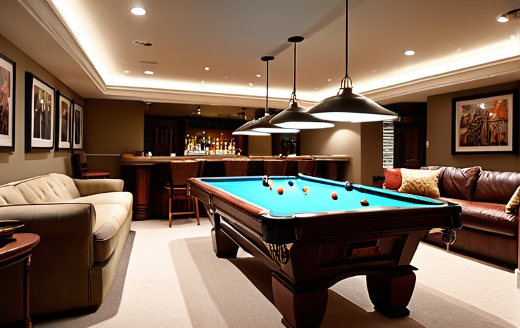 **A well-lit billiard room with soft, diffused lighting, illuminating a pool table. Focus on the table's surface and cues, highlighting the precision required for accurate shots. In the background, suggest a comfortable lounge area with soft sofas and a bar. Aim for a cozy and inviting atmosphere.**