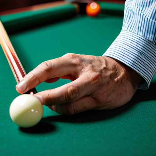Home 24 A focused professional male billiards player, dressed in a modest polo shirt, holding a cue with a premium Irish linen grip. His hand is in a natural pose, perfectly aligned with the cue, showcasing the seamless "second skin" feeling. The scene is set in a well-lit, professional billiards hall, with subtle bokeh in the background. The image emphasizes the deep connection between player and cue. safe for work, appropriate content, fully clothed, professional, perfect anatomy, correct proportions, well-formed hands, proper finger count, natural body proportions, high quality, realistic photography.