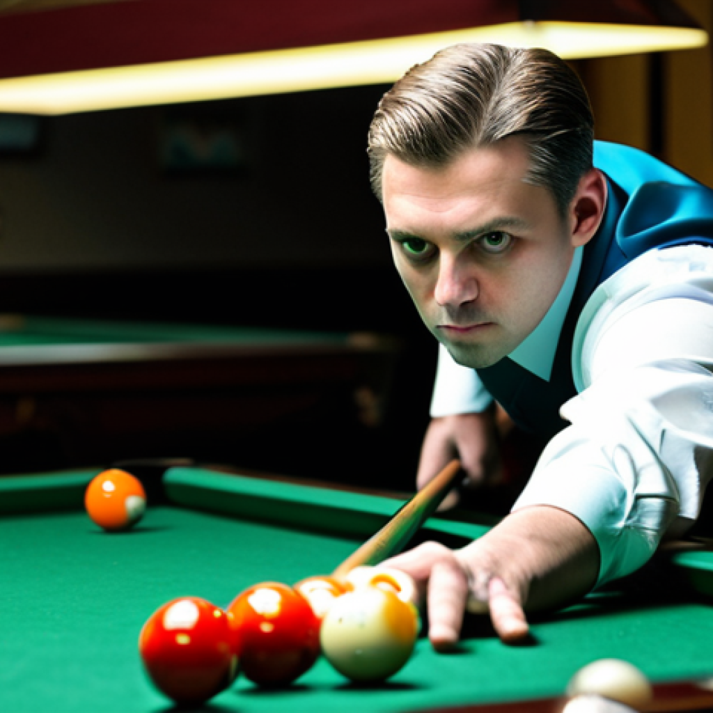 **

A professional billiards player, fully clothed in a modest sports outfit, meticulously aiming a shot at a billiards table in a dimly lit, upscale billiards hall. Focus on the concentration in their eyes and the precise grip on the cue. Background shows blurred spectators and other tables. Safe for work, appropriate content, perfect anatomy, professional photography, high quality.

**