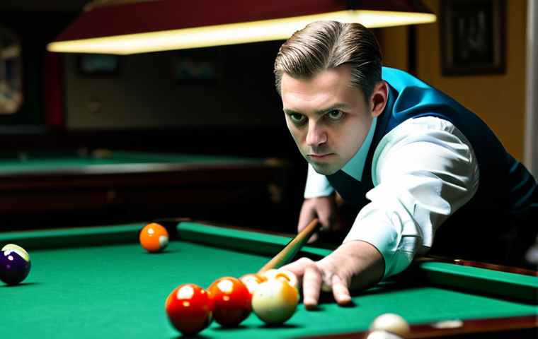 **

A professional billiards player, fully clothed in a modest sports outfit, meticulously aiming a shot at a billiards table in a dimly lit, upscale billiards hall. Focus on the concentration in their eyes and the precise grip on the cue. Background shows blurred spectators and other tables. Safe for work, appropriate content, perfect anatomy, professional photography, high quality.

**
