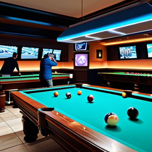 Home 22 **
"A brightly lit, modern billiards hall interior, filled with people of diverse ages and backgrounds fully clothed in stylish, casual attire, playing virtual billiards using sleek VR headsets and haptic gloves. Digital cues and balls are superimposed onto the real-world environment using augmented reality. Include details like comfortable lounge areas, a bar serving non-alcoholic drinks, and soft ambient lighting. safe for work, appropriate content, fully clothed, professional, family-friendly, perfect anatomy, natural proportions, high resolution, photorealistic rendering."
**