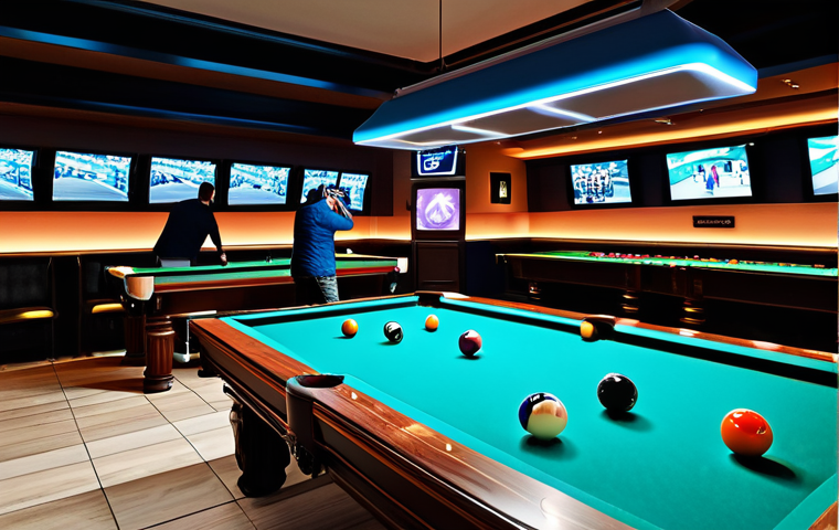 **

"A brightly lit, modern billiards hall interior, filled with people of diverse ages and backgrounds fully clothed in stylish, casual attire, playing virtual billiards using sleek VR headsets and haptic gloves. Digital cues and balls are superimposed onto the real-world environment using augmented reality. Include details like comfortable lounge areas, a bar serving non-alcoholic drinks, and soft ambient lighting. safe for work, appropriate content, fully clothed, professional, family-friendly, perfect anatomy, natural proportions, high resolution, photorealistic rendering."

**