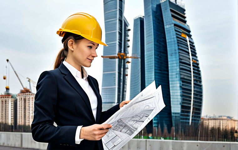 **

"A confident female architect in Moscow, wearing a stylish, fully clothed business suit appropriate for a construction site visit. She's reviewing blueprints with a construction foreman, both wearing hard hats. The background is a modern building under construction against the Moscow skyline. Safe for work, appropriate content, fully clothed, professional, perfect anatomy, correct proportions, well-formed hands, natural body proportions, high quality."

**