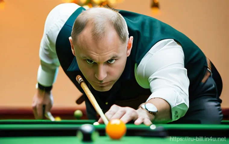 당구 게임 유형별 전략 - **Image Prompt 1: Focused Russian Pyramid Player**
"A male billiards player, approximately 35 ye...