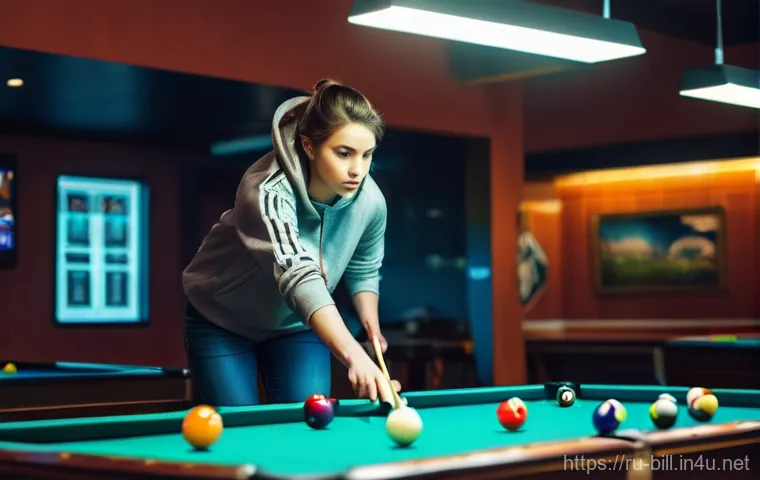 당구 게임 유형별 전략 - **Image Prompt 1: Focused Russian Pyramid Player**
    "A male billiards player, approximately 35 ye...