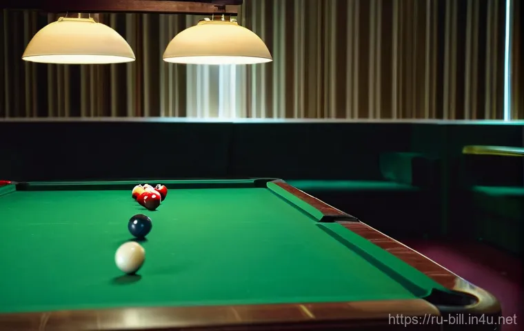 당구 영상 촬영 팁 - **Prompt:** A professional, high-angle shot capturing a pristine billiard table during a quiet momen...