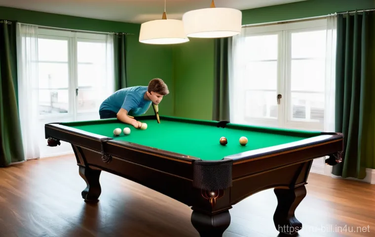 당구 테이블 크기별 차이 - A focused young man, in his late teens, is practicing a precise shot on a 7-foot pool table in a wel...