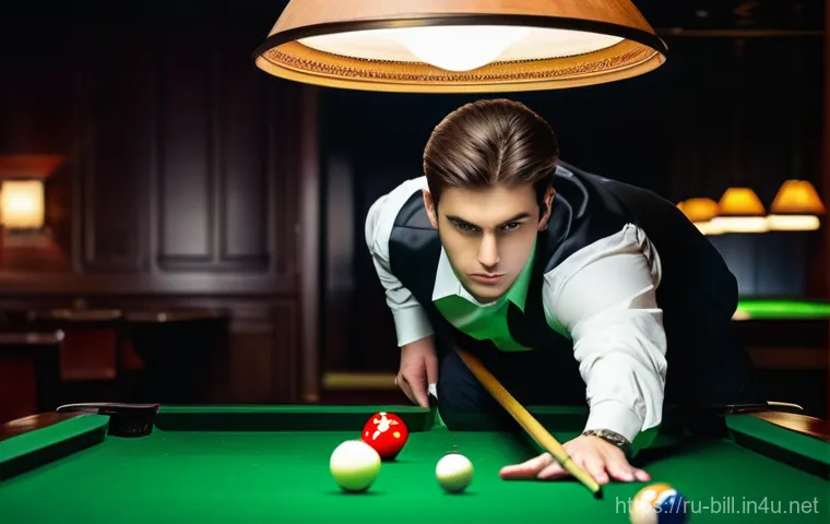 당구 테이블 크기별 차이 - A focused young man, in his late teens, is practicing a precise shot on a 7-foot pool table in a wel...