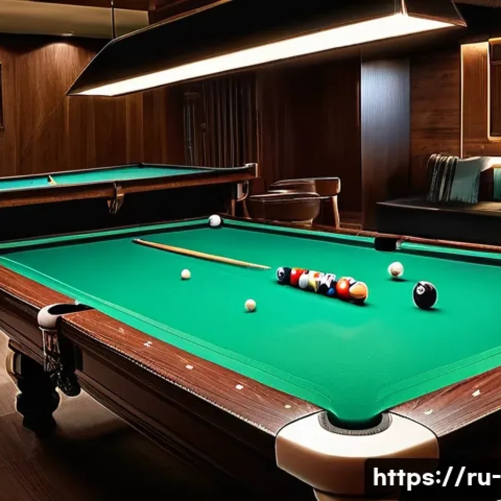 당구 기술 분석법 - A detailed scene of a professional billiards table with clear markings and trajectory lines drawn on...
