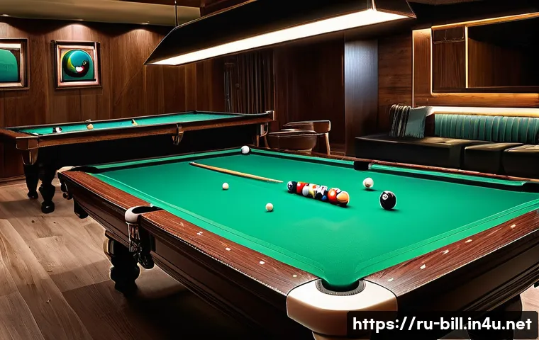 당구 기술 분석법 - A detailed scene of a professional billiards table with clear markings and trajectory lines drawn on...