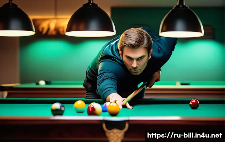 당구 스피드볼 경기 가이드 - A dynamic scene of a professional speed billiards player in a modern indoor billiards hall, using a ...