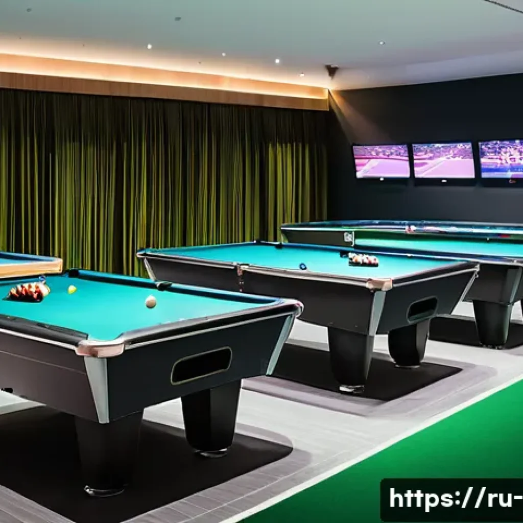 당구 토너먼트 운영 - A spacious, modern billiards tournament hall with multiple professional tournament-grade pool tables...