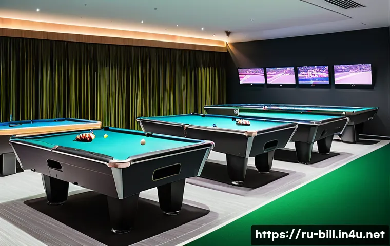 당구 토너먼트 운영 - A spacious, modern billiards tournament hall with multiple professional tournament-grade pool tables...