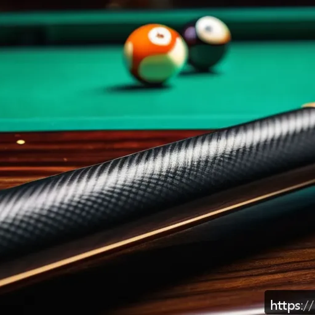 당구 큐의 밸런스 유지법 - A detailed close-up scene of a professional billiard cue stick made of high-quality wood and carbon ...