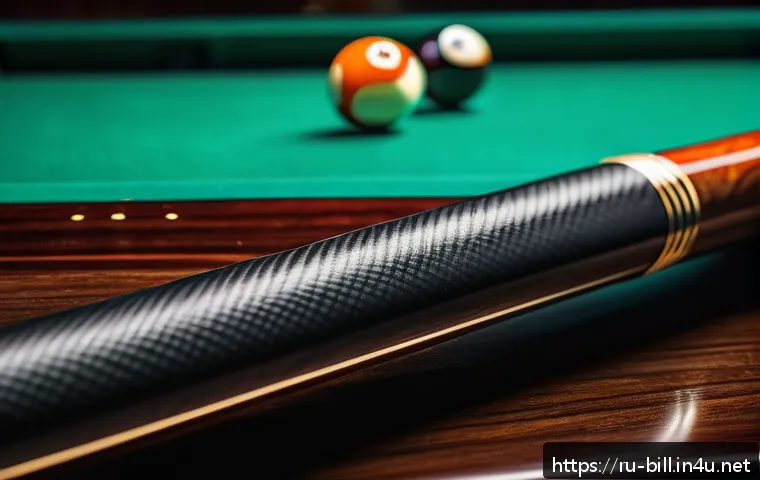 당구 큐의 밸런스 유지법 - A detailed close-up scene of a professional billiard cue stick made of high-quality wood and carbon ...