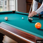 Home 22 당구 거리 측정 기구 - A professional billiards player using a sleek laser distance measurer with Bluetooth connectivity an...