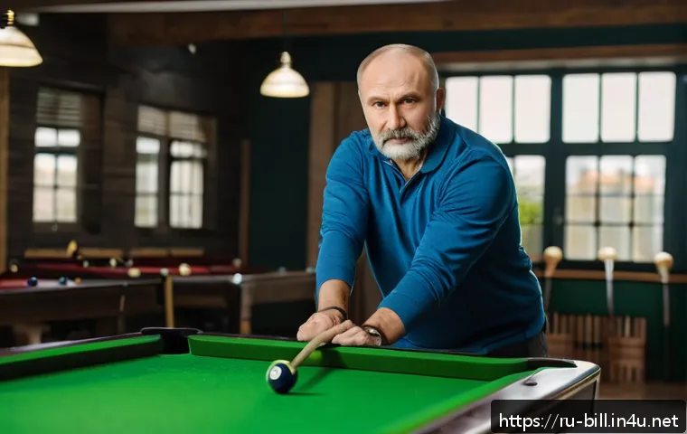 당구 스트레치 운동법 - A middle-aged Russian man in casual sportswear performing shoulder rotations and cross-arm stretches...