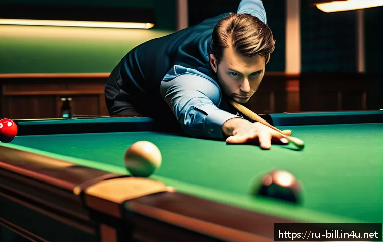 당구 경기 중 사용되는 숫자 - A detailed close-up scene of a professional billiards table in a well-lit, modern pool hall. Several...