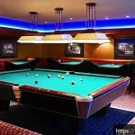 Home 19 당구 동호회 활동 후기 - A cozy and spacious billiard club interior with bright, warm lighting illuminating several well-main...