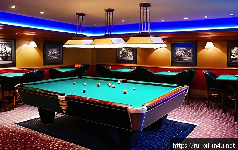 당구 동호회 활동 후기 - A cozy and spacious billiard club interior with bright, warm lighting illuminating several well-main...