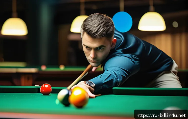 당구 실력 향상 프로그램 - A professional billiards player demonstrating the perfect stance and hand positioning during a shot ...