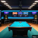 Home 23 당구 스포츠 채널 - A modern professional billiards streaming studio setup with multiple high-definition cameras capturi...
