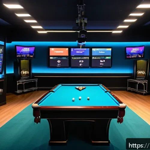 Home 17 당구 스포츠 채널 - A modern professional billiards streaming studio setup with multiple high-definition cameras capturi...