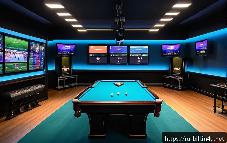 당구 스포츠 채널 - A modern professional billiards streaming studio setup with multiple high-definition cameras capturi...