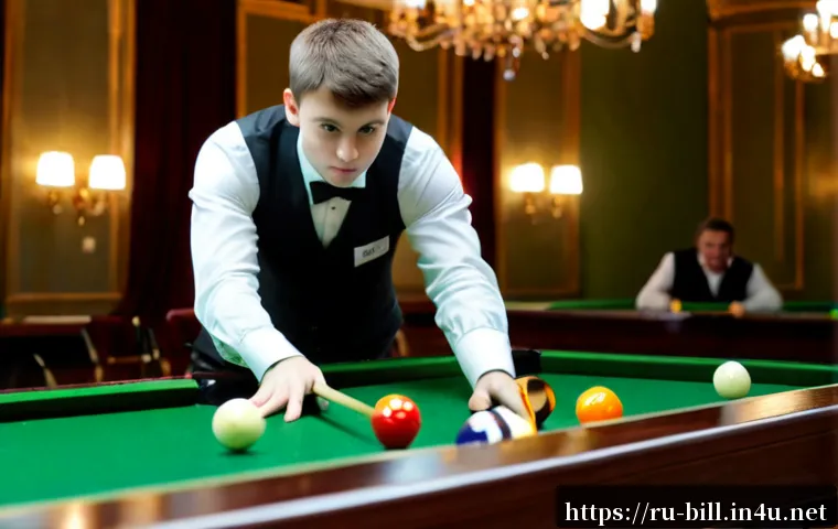 당구 트릭샷 대회 - Photorealistic billiards trick-shot tournament in an elegant Moscow-style billiard hall, focused you...