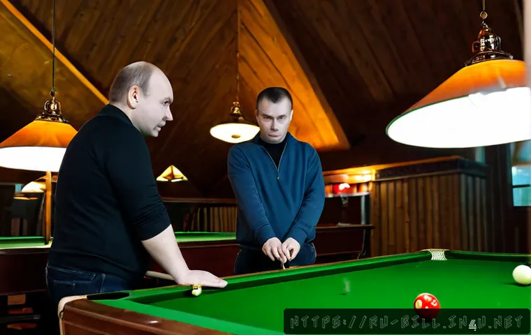 Home 17 당구장에서 지켜야 할 규칙 - Photorealistic Russian billiards club interior, two adult friends standing patiently behind the mark...