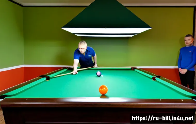 당구 레슨 무료 체험 - Photorealistic billiards club in Moscow, a friendly professional instructor demonstrating a smooth c...
